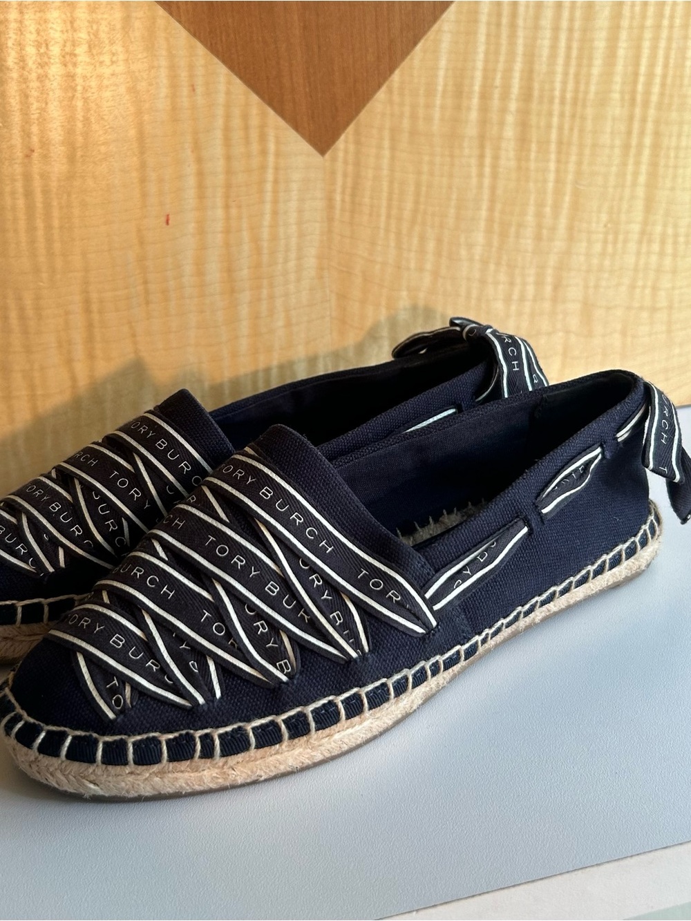 Tory Burch Navy Canvas Espadrilles with Logo Ribbon